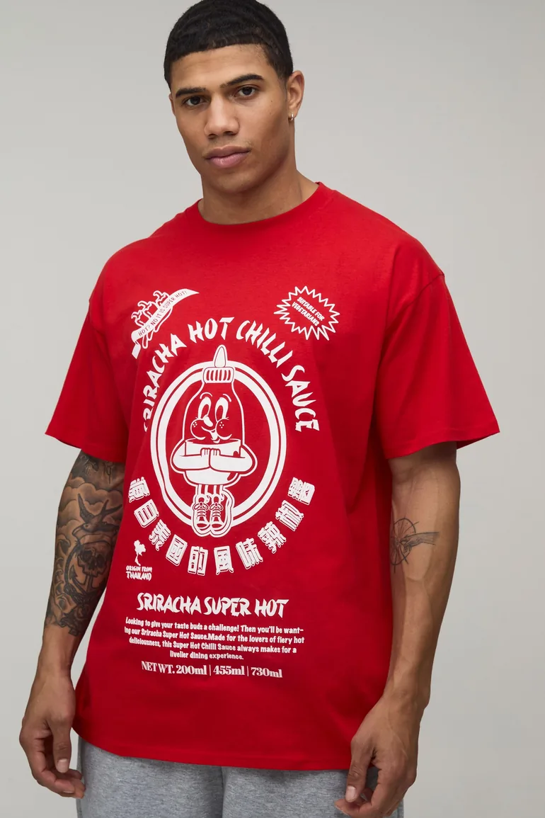 Siracha Hot Chilli Sauce Oversized License Print T-shirt - red