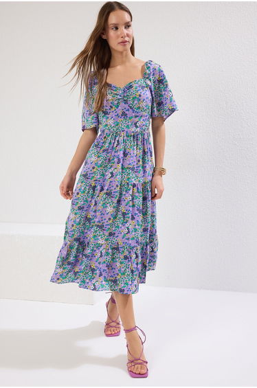 Purple Floral A-Line Midaxi Skater Dress