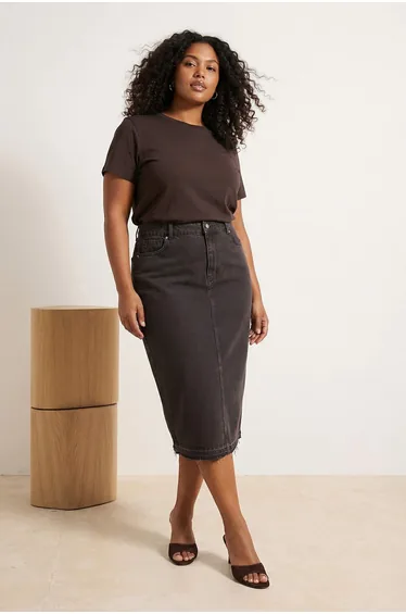 Brown Front Slit Midi Length 100% Cotton Plus Size Denim Skirt