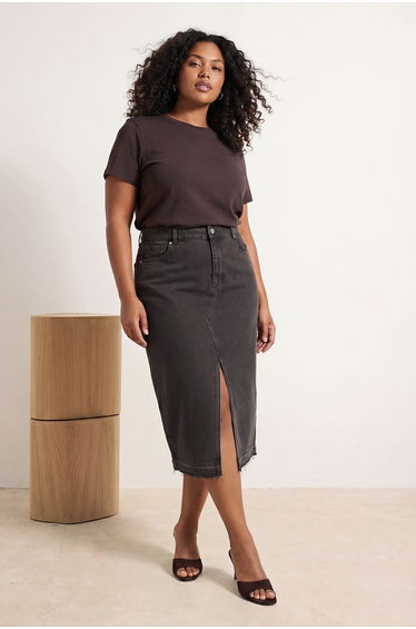 Brown Front Slit Midi Length 100% Cotton Plus Size Denim Skirt