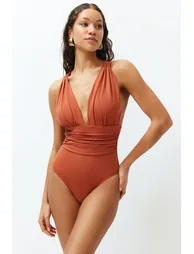 Tile Deep Decollete Draped Swimsuit - 1