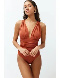 Tile Deep Decollete Draped Swimsuit - 2