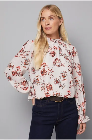 Petite Animal Floral Shirred Neck Blouse