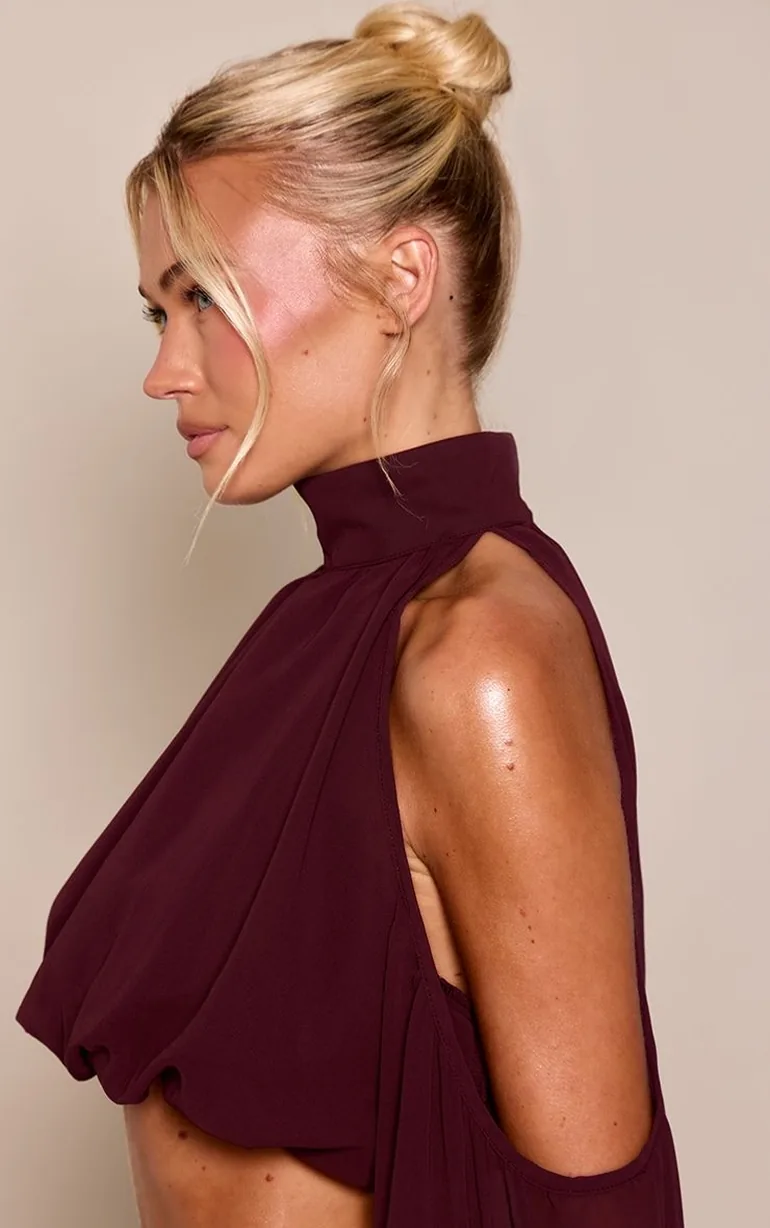 Chocolate Plum Chiffon Cold Shoulder Crop Top Co-ord - 3