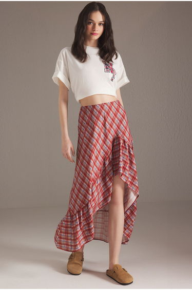 Multicolored Plaid Pattern Hem Asymmetrical Maxi Length Skirt