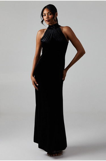 Velvet Halter Bias Cut Maxi Bridesmaids Dress