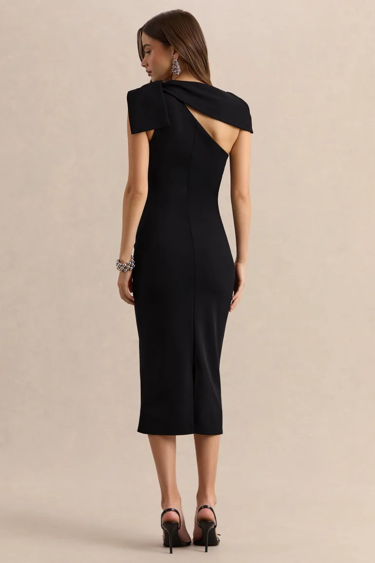 فستان ميدي بفيونكة بياقة غير متناظرة - أسود - 1