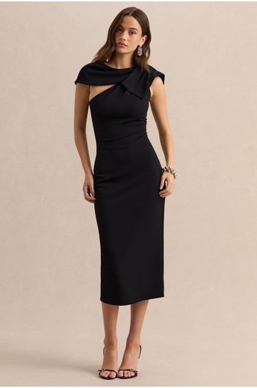 Clarina | Black Asymmetric-Neck Midi Dress With Bow-Detail