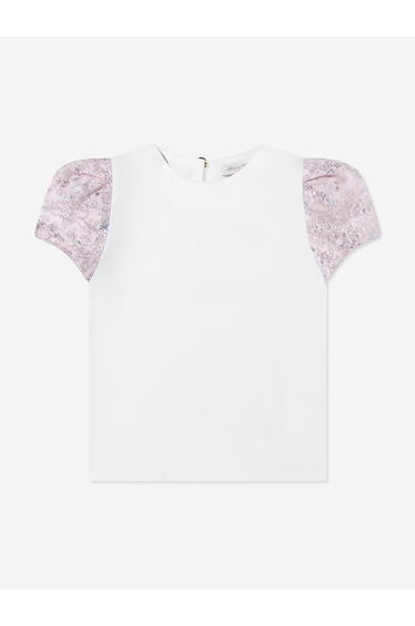 Girls Choux Sparkle Toile du Jouy Puff Sleeve Top in White