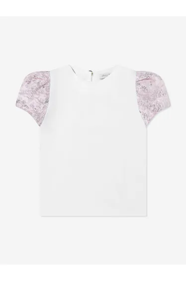 Girls Choux Sparkle Toile du Jouy Puff Sleeve Top in White