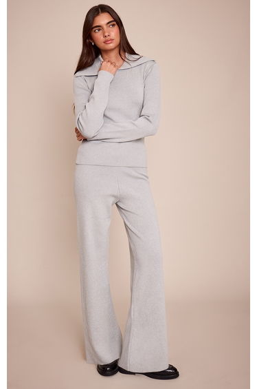 Grey Ribbed Knitted Wide Leg Trousers