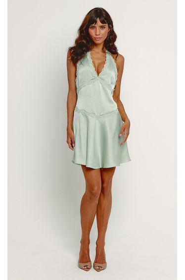 Sage Satin Halter Lace Detail Mini Dress