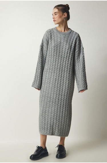 Women's Gray Knit Detailed Thick Oversize Knitwear Dress