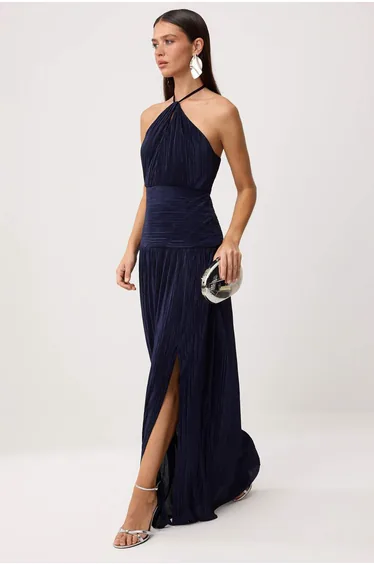 Navy Blue Pleated Maxi Evening Dress & Graduation Gown