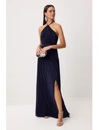 فستان ترينديول كحلي طول الأرض على شكل حرف A بياقة هالتر - 1