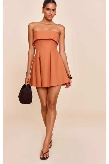 Rust Linen-Blend Bandeau Fold Over Shift Dress