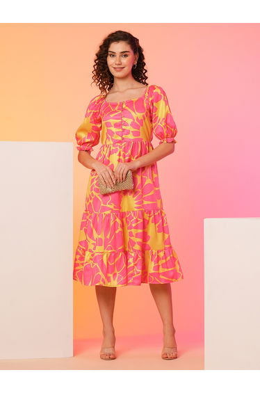 All-Over Floral Print Puff Sleeve Midi Dress