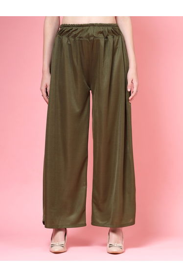 Women Olive Solid High Rise Wide Leg Pants