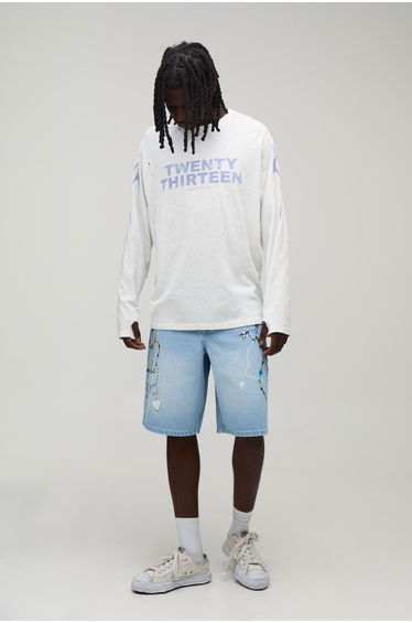 Baggy Paint Splatter Chain Print Washed Denim Shorts - light blue