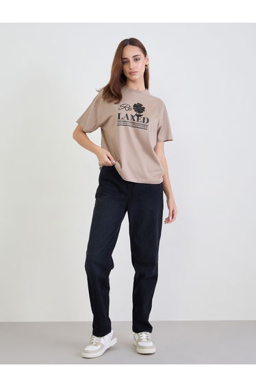 Beige Embroidered Slogan Boxy 100% Cotton T-Shirt