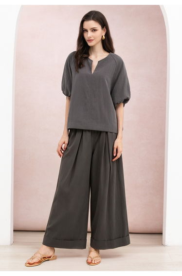 Pleated Cuffed Hem Palazzo Cotton Pants in Smoke for Office & Daily Wear