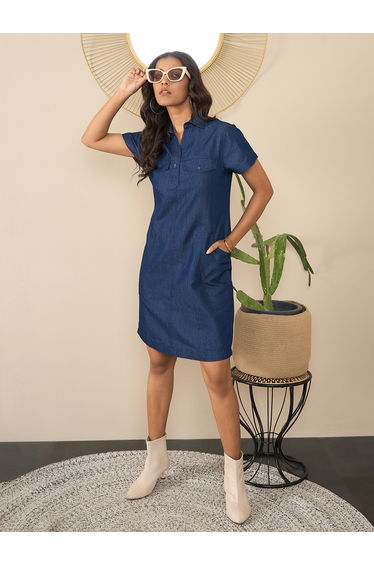 Blue Denim Mini Dress with Pockets Detail