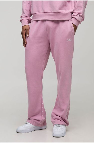 Regular Fit Man Script Rhinestone Washed Gusset Joggers - pink