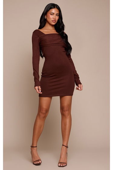 Chocolate Long Sleeve Asymmetric Knitted Mini Dress