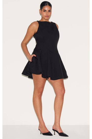 Plus Black Woven Pleated Slash Neck Shift Dress