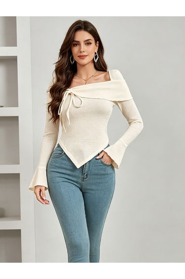 Cream Asymmetric Neck Fitted Knit Top
