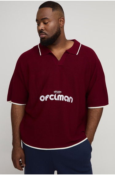 Plus Ribbed Knit Embroidered Football Shirt - burgundy