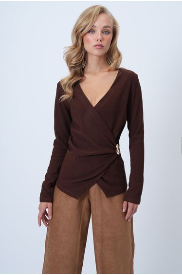 Women's Brown Double-Breasted V-Neck Brooch Detailed Ottoban Blouse