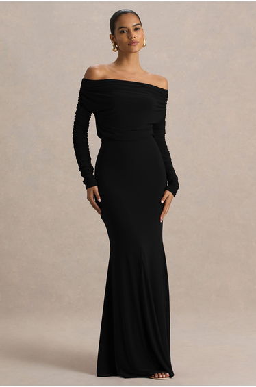 Cilla | Black Bardot-Neck Maxi Dress With Ruched Detailing