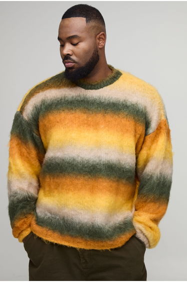 Plus Boxy Oversized Brushed Stripe Knitted Jumper - khaki