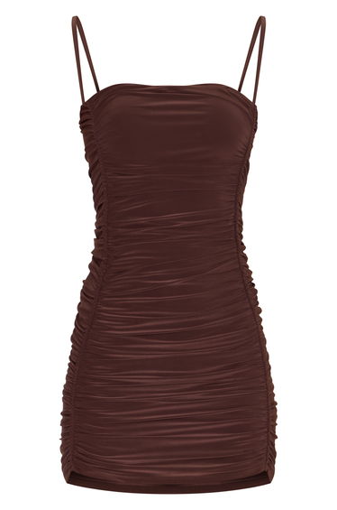 Chocolate Brown Slinky Twisted Strap Ruched Seam Bodycon Dress