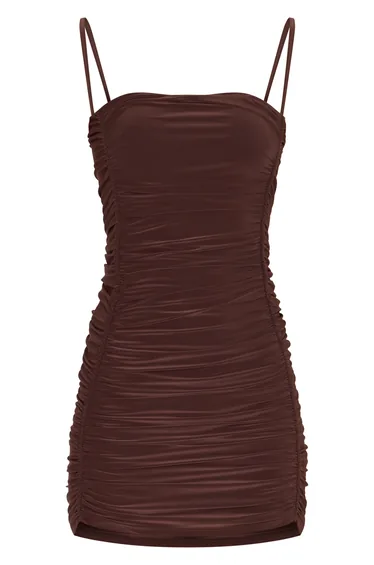 Chocolate Brown Slinky Twisted Strap Ruched Seam Bodycon Dress