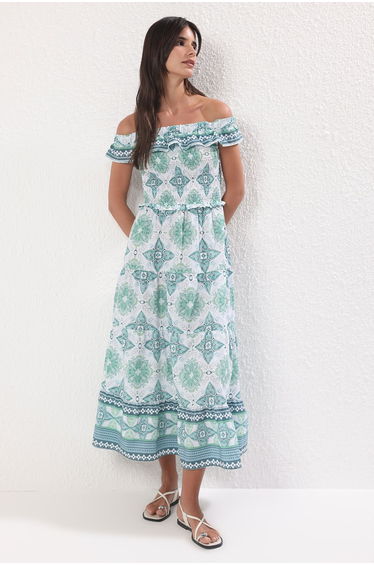 Green Floral A-Line Gipe Detail Midaxi Woven Dress