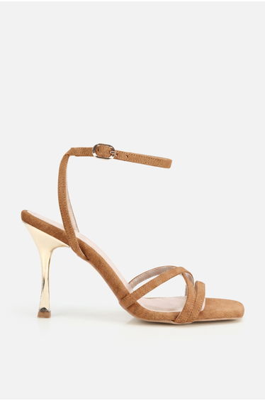 Woman's camel cross banded Suede gold heeled high Sandals