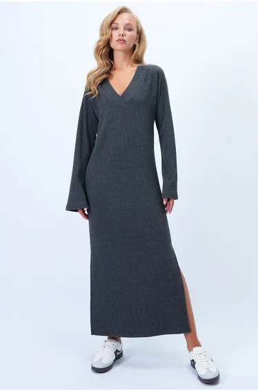 Women's Anthracite Self-Textured V-Neck Double Slit Maxi Dress