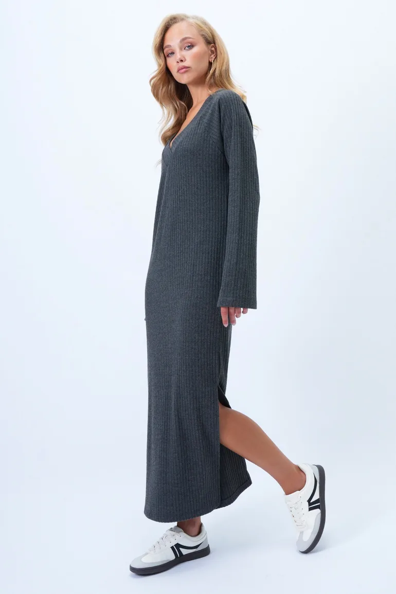 Women's Anthracite Self-Textured V-Neck Double Slit Maxi Dress - 1