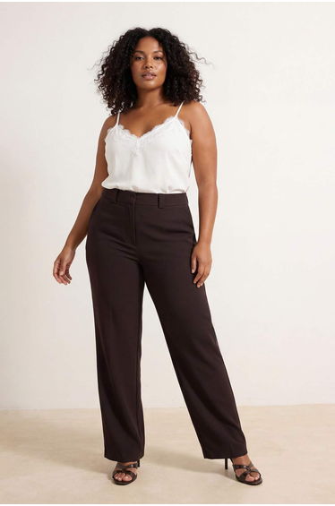 Wardrobe Essentials Brown Straight Fit Large Size Woven Trousers