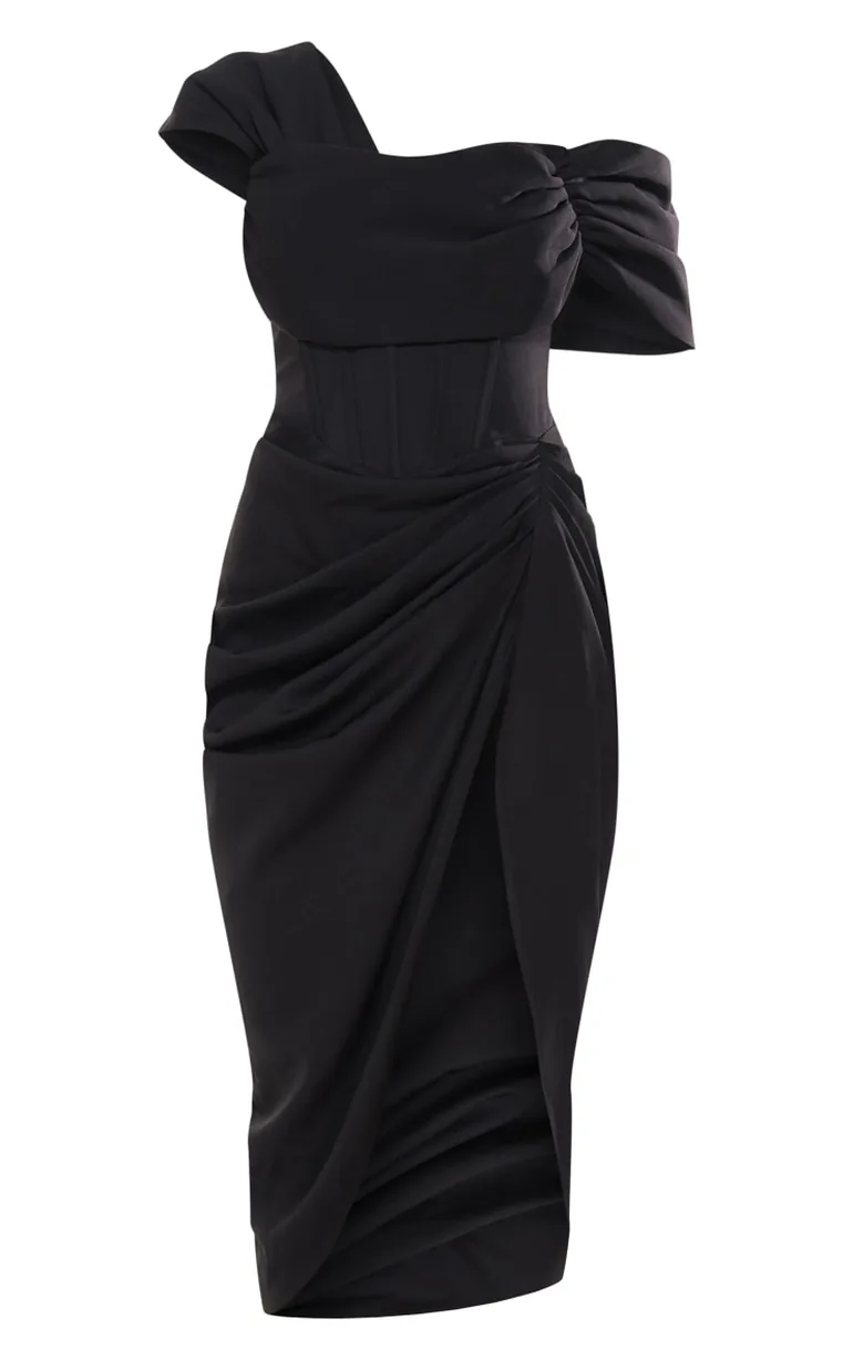black corset bardot draped midi dress Shop Black Corset Bardot Draped Midi Dress Online in Oman