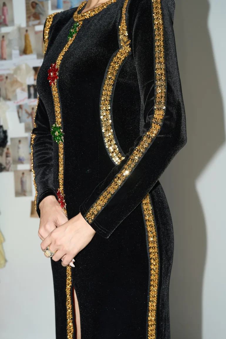 Dramatic Stunner Black Sequin Trim Crystal Brooch Velvet Maxi Dress - 11