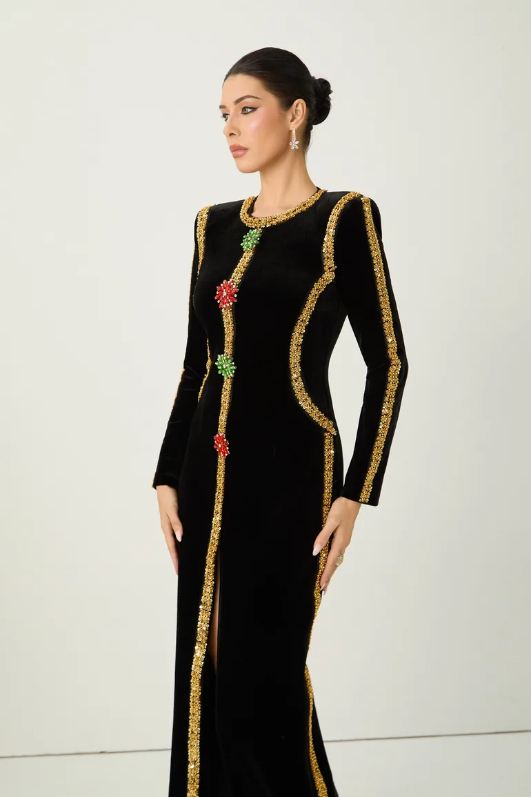 Dramatic Stunner Black Sequin Trim Crystal Brooch Velvet Maxi Dress - 7