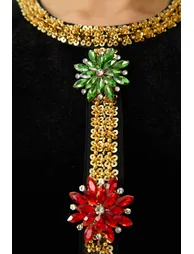 Dramatic Stunner Black Sequin Trim Crystal Brooch Velvet Maxi Dress - 1