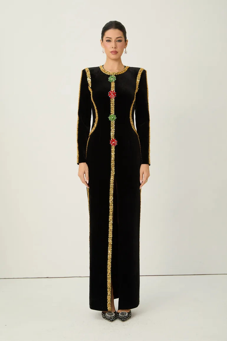 Dramatic Stunner Black Sequin Trim Crystal Brooch Velvet Maxi Dress