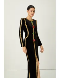 Dramatic Stunner Black Sequin Trim Crystal Brooch Velvet Maxi Dress - 6