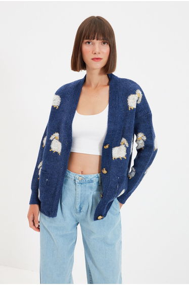 Blue Soft Textured Animal Pattern Knitwear Cardigan