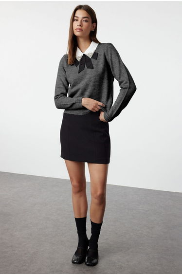 Anthracite Soft Texture Shirt Garnished Ribbon/Bow Detailed Stone Knitted Sweater