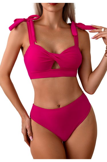 Tie-Shoulder Twist Cutout Bikini Set in Hot Pink